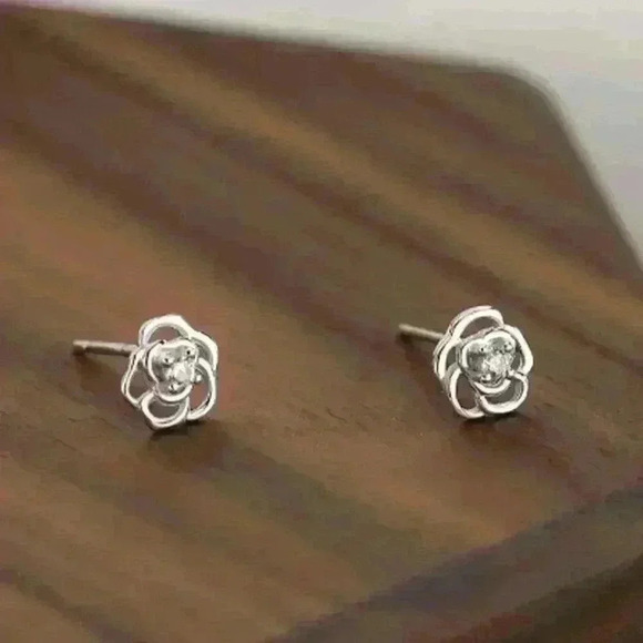 Dainty Small Sterling Silver 925 Rose Stud Earrings with Sparkling Center Stone - Picture 5 of 6